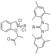 structure of CAS# 1031262-71-1, [1,3-Bis(2,4,6-trimethylphenyl)-2-imidazolidinylidene]dichloro[[2-(1-methyl-2-oxopropoxy)phenyl]methylene]ruthenium;Umicore M 5-1