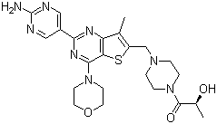 结构式 CAS# 1032754-93-0, GNE 390; (S)-1-[4-[[2-(2-氨基嘧啶-5-基)-7-甲基-4-(吗啉-4-基)噻吩并[3,2-d]嘧啶-6-基]甲基]哌嗪-1-基]-2-羟基丙-1-酮