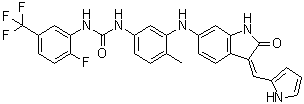 structure of CAS# 1033769-28-6, N-[3-[[2,3-Dihydro-2-oxo-3-(1H-pyrrol-2-ylmethylene)-1H-indol-6-yl]amino]-4-methylphenyl]-N'-[2-fluoro-5-(trifluoromethyl)phenyl]-urea;GNF 5837