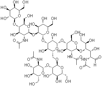 O-2-(乙酰氨基)-2-脱氧-beta-D-吡喃葡萄糖基-(1→2)-O-alpha-D-甘露糖基-(1→6)-O-[O-beta-D-吡喃半乳糖基-(1→4)-O-2-(乙酰氨基)-2-脱氧-beta-D-吡喃葡萄糖基-(1→2)-alpha-D-甘露糖基-(1→3)]-O-beta-D-甘露糖基-(1→4)-O-2-(乙酰氨基)-2-脱氧-beta-D-吡喃葡萄糖基-(1→4)-2-(乙酰氨基)-2-脱氧-D-葡萄糖分子结构 (CAS 103584-68-5)