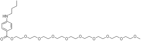 structure of CAS# 104-31-4, Benzonatate;2-[2-[2-[2-[2-[2-[2-[2-(2-methoxyethoxy)ethoxy]ethoxy]ethoxy]ethoxy]ethoxy]ethoxy]ethoxy]ethyl-4-butylaminobenzoate
