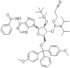结构式 CAS# 104992-55-4, N-苯甲酰基-5'-O-(4,4-二甲氧基三苯甲基)-2'-O-[(叔丁基)二甲基硅基]腺苷-3'-(2-氰基乙基-N,N-二异丙基)亚磷酰胺