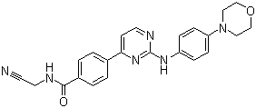 结构式 CAS# 1056634-68-4, CYT 387; N-(氰基甲基)-4-[2-[[4-(4-吗啉基)苯基]氨基]-4-嘧啶基]苯甲酰胺