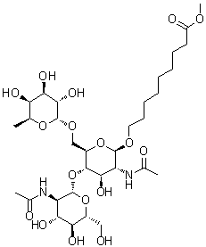 9-[[O-2-(Acetylamino)-2-deoxy-beta-D-glucopyranosyl-(1→4)-O-[6-deoxy-alpha-L-galactopyranosyl-(1→6)]-2-(acetylamino)-2-deoxy-beta-D-glucopyranosyl]oxy]nonanoic acid methyl ester molecular structure (CAS 106445-35-6)