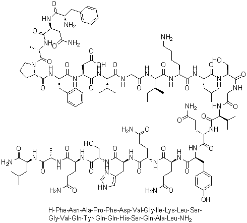 structure of CAS# 1081110-72-6, Obestatin (human);L-Phenylalanyl-L-asparaginyl-L-alanyl-L-prolyl-L-phenylalanyl-L-alpha-aspartyl-L-valylglycyl-L-isoleucyl-L-lysyl-L-leucyl-L-serylglycyl-L-valyl-L-glutaminyl-L-tyrosyl-L-glutaminyl-L-glutaminyl-L-histidyl-L-seryl-L-glutaminyl-L-alanyl-L-leucinamide