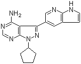 结构式 CAS# 1092788-83-4, PP 121; 1-环戊基-3-(1H-吡咯并[2,3-b]吡啶-5-基)-1H-吡唑并[3,4-d]嘧啶-4-胺