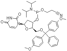 5'-O-(4,4'-Dimethoxytrityl)-2'-deoxyuridine-3'-O-[O-(2-cyanoethyl)-N,N'-diisopropylphosphoramidite] molecular structure (CAS 109389-30-2)