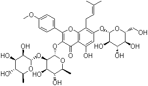 structure of CAS# 110642-44-9, Epmedin C;3-((6-Deoxy-2-O-(6-deoxy-alpha-L-mannopyranosyl)-alpha-L-mannopyranosyl)oxy)-7-(beta-D-glucopyranosyloxy)-5-hydroxy-2-(4-methoxyphenyl)-8-(3-methyl-2-butenyl)-4H-1-benzopyran-4-one