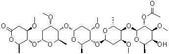 O-2-O-Acetyl-6-deoxy-3-O-methyl-beta-D-galactopyranosyl-(1→4)-O-2,6-dideoxy-3-O-methyl-beta-D-ribo-hexopyranosyl-(1→4)-O-2,6-dideoxy-3-O-methyl-beta-D-ribo-hexopyranosyl-(1→4)-O-2,6-dideoxy-3-O-methyl-beta-D-ribo-hexopyranosyl-(1→4)-2,6-dideoxy-3-O-methyl-D-arabino-hexonic acid delta-lactone molecular structure (CAS 110764-09-5)