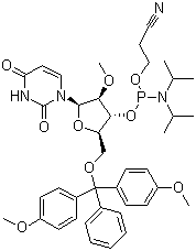 structure of CAS# 110764-79-9, 5'-O-(4,4-Dimethoxytrityl)-2'-O-methyluridine-3'-(2-cyanoethyl-N,N-diisopropyl)phosphoramidite;5'-O-DMT-2'-O-Me-rU-3'-CEDPA