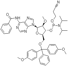 N-Benzoyl-5'-O-(4,4-dimethoxytrityl)-2'-O-methyladenosine-3'-(2-cyanoethyl-N,N-diisopropyl)phosphoramidite molecular structure (CAS 110782-31-5)