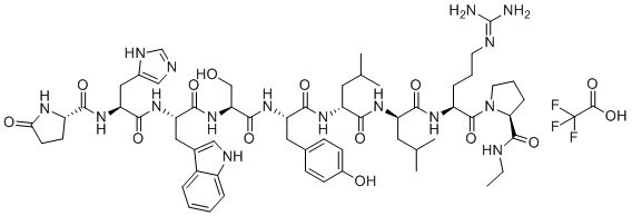structure of CAS# 112710-58-4, Leuprolide Acetate EP Impurity H;(D-Leu7)-leuprolide;(2S)-N-[(2S)-1-[[(2S)-1-[[(2S)-1-[[(2S)-1-[[(2R)-1-[[(2R)-1-[[(2S)-5-(diaminomethylideneamino)-1-[(2S)-2-(ethylcarbamoyl)pyrrolidin-1-yl]-1-oxopentan-2-yl]amino]-4-methyl-1-oxopentan-2-yl]amino]-4-methyl-1-oxopentan-2-yl]amino]-3-(4-hydroxyphenyl)-1-oxopropan-2-yl]amino]-3-hydroxy-1-oxopropan-2-yl]amino]-3-(1H-indol-3-yl)-1-oxopropan-2-yl]amino]-3-(1H-imidazol-5-yl)-1-oxopropan-2-yl]-5-oxopyrrolidine-2-carboxamide;2,2,2-trifluoroacetic acid