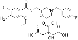 structure of CAS# 112885-42-4, Mosapride citrate ;4-Amino-5-chloro-2-ethoxy-N-[[4-[(4-fluorophenyl)methyl]-2-morpholinyl]methyl]-benzamide 2-hydroxy-1,2,3-propanetricarboxylate; Gasmotin
