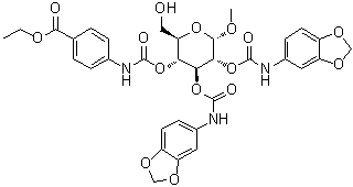 Methyl alpha-D-glucopyranoside 2,3-bis(N-1,3-benzodioxol-5-ylcarbamate) 4-[N-[4-(ethoxycarbonyl)phenyl]carbamate] molecular structure (CAS 1137359-47-7)
