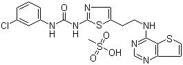 structure of CAS# 1146618-41-8, N-(3-Chlorophenyl)-N'-[5-[2-(thieno[3,2-d]pyrimidin-4-ylamino)ethyl]-2-thiazolyl]urea methanesulfonate (1:1)