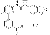 结构式 CAS# 1160221-26-0, 3-[6-[[[1-(2,2-二氟-1,3-苯并二氧戊环-5-基)环丙基]羰基]氨基]-3-甲基-2-吡啶基]苯甲酸盐酸盐