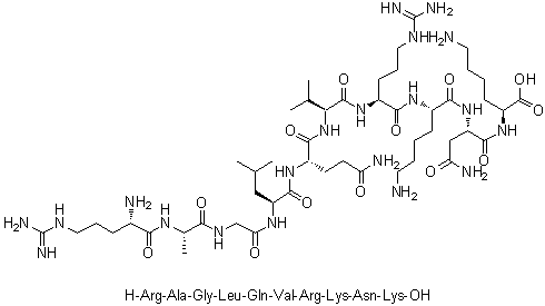 L-精氨酰-L-丙氨酰甘氨酰-L-亮氨酰-L-谷氨酰胺酰-L-缬氨酰-L-精氨酰-L-赖氨酰-L-天冬氨酰胺酰-L-赖氨酸分子结构 (CAS 1164096-90-5)
