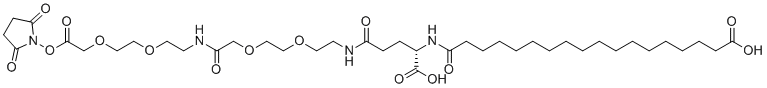 structure of CAS# 1169630-40-3, 17-((S)-1-Carboxy-3-{2-[2-({2-[2-(2,5-dioxo-pyrrolidin-1-yloxycarbonylmethoxy)ethoxy]ethylcarbamoyl}methoxy)ethoxy]ethylcarbamoyl}propylcarbamoyl)-heptadecanoic acid;HO-Ste-Glu(AEEA-AEEA-Osu)-OH;18-[[(1S)-1-carboxy-4-[2-[2-[2-[2-[2-[2-(2,5-dioxopyrrolidin-1-yl)oxy-2-oxoethoxy]ethoxy]ethylamino]-2-oxoethoxy]ethoxy]ethylamino]-4-oxobutyl]amino]-18-oxooctadecanoic acid