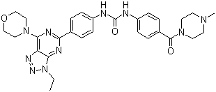 structure of CAS# 1173204-81-3, PKI 402;1-[4-[3-Ethyl-7-(morpholin-4-yl)-3H-[1,2,3]triazolo[4,5-d]pyrimidin-5-yl]phenyl]-3-[4-[(4-methylpiperazin-1-yl)carbonyl]phenyl]urea