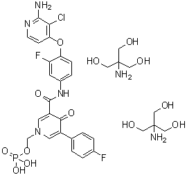 结构式 CAS# 1174161-86-4, (3-(4-(2-氨基-3-氯吡啶-4-基氧基)-3-氟苯基氨基甲酰)-5-(4-氟苯基)-4-氧代吡啶-1(4H)-基)甲基磷酸二氢酯与2-氨基-2-(羟基甲基)丙烷-1,3-二醇的化合物 (1:2)