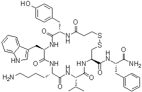 N-(3-Mercapto-1-oxopropyl)-L-tyrosyl-D-tryptophyl-L-lysyl-L-valyl-L-cysteinyl-L-phenylalaninamide cyclic (1→5)-disulfide molecular structure (CAS 117580-24-2)