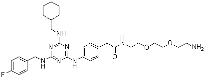 结构式 CAS# 1177827-73-4, N-[2-[2-(2-氨基乙氧基)乙氧基]乙基]-4-[[4-[(环己基甲基)氨基]-6-[[(4-氟苯基)甲基]氨基]-1,3,5-三嗪-2-基]氨基]苯乙酰胺