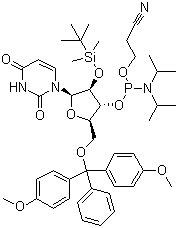structure of CAS# 118362-03-1, 5'-O-(4,4-Dimethoxytrityl)-2'-O-[(tert-butyl)dimethylsilyl]uridine-3'-(2-cyanoethyl-N,N-diisopropyl)phosphoramidite;5'-O-DMT-2'-TBDMS-rU-3'-CEDPA