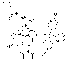 N4-Benzoyl-5'-O-(4,4'-dimethoxytrityl)-2'-O-tert-butyldimethylsilyl)cytidine 3'-O-[O-(2-cyanoethyl)-N,N'-diisopropylphosphoramidite] molecular structure (CAS 118380-84-0)