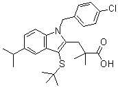 1-[(4-Chlorophenyl)methyl]-3-[(1,1-dimethylethyl)thio]-alpha,alpha-dimethyl-5-(1-methylethyl)-1H-indole-2-propanoic acid molecular structure (CAS 118414-82-7)