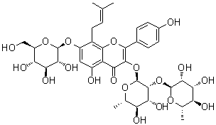 structure of CAS# 118544-18-6, Baohuoside V;3-[[6-Deoxy-2-O-(6-deoxy-alpha-L-mannopyranosyl)-alpha-L-mannopyranosyl]oxy]-7-(beta-D-glucopyranosyloxy)-5-hydroxy-2-(4-hydroxyphenyl)-8-(3-methyl-2-buten-1-yl)-4H-1-benzopyran-4-one; Diphylloside B