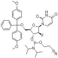 1-[5-O-[Bis(4-methoxyphenyl)phenylmethyl]-3-O-[[bis(1-methylethyl)amino](2-cyanoethoxy)phosphino]-2-deoxy-2-fluoro-beta-D-arabinofuranosyl]-2,4(1H,3H)-pyrimidinedione molecular structure (CAS 1190089-70-3)