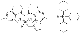 structure of CAS# 1190427-50-9, Tricyclohexylphosphine[4,5-dimethyl-1,3-bis(2,4,6-trimethylphenyl)imidazol-2-ylidene][2-thienylmethylene]ruthenium(II) dichloride