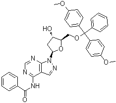 N-[1-[5-O-[Bis(4-methoxyphenyl)phenylmethyl]-2-deoxy-beta-D-erythro-pentofuranosyl]-1H-pyrazolo[3,4-d]pyrimidin-4-yl]benzamide molecular structure (CAS 119803-27-9)