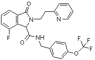 structure of CAS# 1198117-23-5, 7-Fluoro-2,3-dihydro-3-oxo-2-[2-(2-pyridinyl)ethyl]-N-[[4-(trifluoromethoxy)phenyl]methyl]-1H-isoindole-1-carboxamide