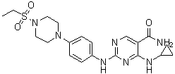 structure of CAS# 1198300-79-6, Cerdulatinib;4-(Cyclopropylamino)-2-[[4-[4-(ethylsulfonyl)-1-piperazinyl]phenyl]amino]-5-pyrimidinecarboxamide