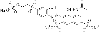 结构式 CAS# 12226-38-9, 活性紫 5; 5-(乙酰氨基)-4-羟基-3-[[2-羟基-4-[[2-(磺酸氧基)乙基]磺酰基]苯基]偶氮]-2-萘磺酸三钠盐