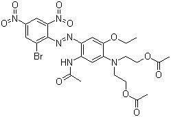 结构式 CAS# 12239-34-8, 分散蓝 79; 4-(2-溴-4,6-二硝基苯基偶氮)-5-乙酰氨基-2-乙氧基-N,N-双(2-乙酰氧乙基)苯胺