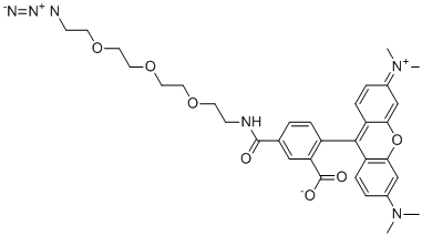 structure of CAS# 1228100-59-1, TAMRA-PEG3-Azide;5-[2-[2-[2-(2-azidoethoxy)ethoxy]ethoxy]ethylcarbamoyl]-2-[3-(dimethylamino)-6-dimethylazaniumylidenexanthen-9-yl]benzoate