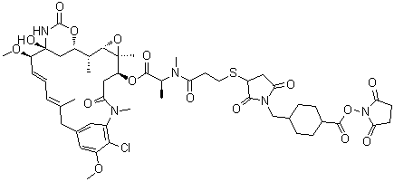 structure of CAS# 1228105-51-8, DM1 SMCC;N2'-Deacetyl-N2'-[3-[[1-[[4-[[(2,5-dioxo-1-pyrrolidinyl)oxy]carbonyl]cyclohexyl]methyl]-2,5-dioxo-3-pyrrolidinyl]thio]-1-oxopropyl]-maytansine; SMCC-DM1