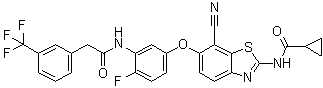 N-[7-Cyano-6-[4-fluoro-3-[[[3-(trifluoromethyl)phenyl]acetyl]amino]phenoxy]-1,3-benzothiazol-2-yl]cyclopropanecarboxamide molecular structure (CAS 1228591-30-7)