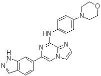 结构式 CAS# 1229208-44-9, GS 9973; 6-(1H-吲唑-6-基)-N-[4-(4-吗啉基)苯基]咪唑并[1,2-a]吡嗪-8-胺