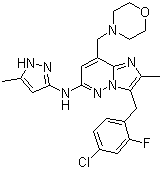 结构式 CAS# 1229236-86-5, LY 2784544; 3-[(4-氯-2-氟苯基)甲基]-2-甲基-N-(5-甲基-1H-吡唑-3-基)-8-(4-吗啉甲基)咪唑并[1,2-b]哒嗪-6-胺