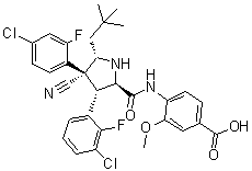 structure of CAS# 1229705-06-9, RG 7388;4-[[[(2R,3S,4R,5S)-3-(3-Chloro-2-fluorophenyl)-4-(4-chloro-2-fluorophenyl)-4-cyano-5-(2,2-dimethylpropyl)-2-pyrrolidinyl]carbonyl]amino]-3-methoxybenzoic acid