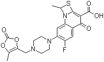 结构式 CAS# 123447-62-1, 普卢利沙星; 普利沙星; 6-氟-1-甲基-7-[4-(5-甲基-2-氧代-1,3-二氧杂环戊烯-4-基)-甲基-1-哌啶基]-4-氧代-4H-[1,3]硫氮杂环丁烷并[3,2-a]喹啉-3-羧酸