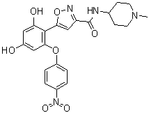 structure of CAS# 1253584-84-7, 5-[2,4-Dihydroxy-6-(4-nitrophenoxy)phenyl]-N-(1-methyl-4-piperidinyl)-3-isoxazolecarboxamide;NMS-E 973