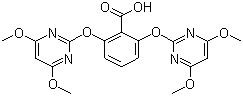 structure of CAS# 125401-75-4, Bispyribac;2,6-Bis(4,6-dimethoxypyrimidin-2-yloxy)benzoic acid; 2,6-Bis[(4,6-dimethoxy-2-pyrimidinyl)oxy]benzoic acid