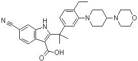 6-Cyano-2-[1-[4-ethyl-3-[4-(4-morpholinyl)-1-piperidinyl]phenyl]-1-methylethyl]-1H-indole-3-carboxylic acid molecular structure (CAS 1256584-78-7)