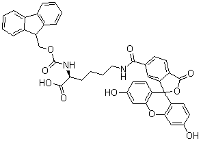 structure of CAS# 1266666-04-9, N6-[(3',6'-Dihydroxy-3-oxospiro[isobenzofuran-1(3H),9'-[9H]xanthen]-6-yl)carbonyl]-N2-[(9H-fluoren-9-ylmethoxy)carbonyl]-L-lysine