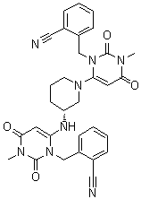 结构式 CAS# 1268836-55-0, 2-[[6-[(3R)-3-[[3-[(2-氰基苯基)甲基]-1,2,3,6-四氢-1-甲基-2,6-二氧代-4-嘧啶基]氨基]-1-哌啶基]-3,4-二氢-3-甲基-2,4-二氧代-1(2H)-嘧啶基]甲基]苯甲腈