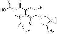 structure of CAS# 127199-06-8, 7-[(7R)-7-Amino-5-azaspiro[2.4]hept-5-yl]-8-chloro-6-fluoro-1-[(1S,2R)-2-fluorocyclopropyl]-1,4-dihydro-4-oxo-3-quinolinecarboxylic acid;DU 6858